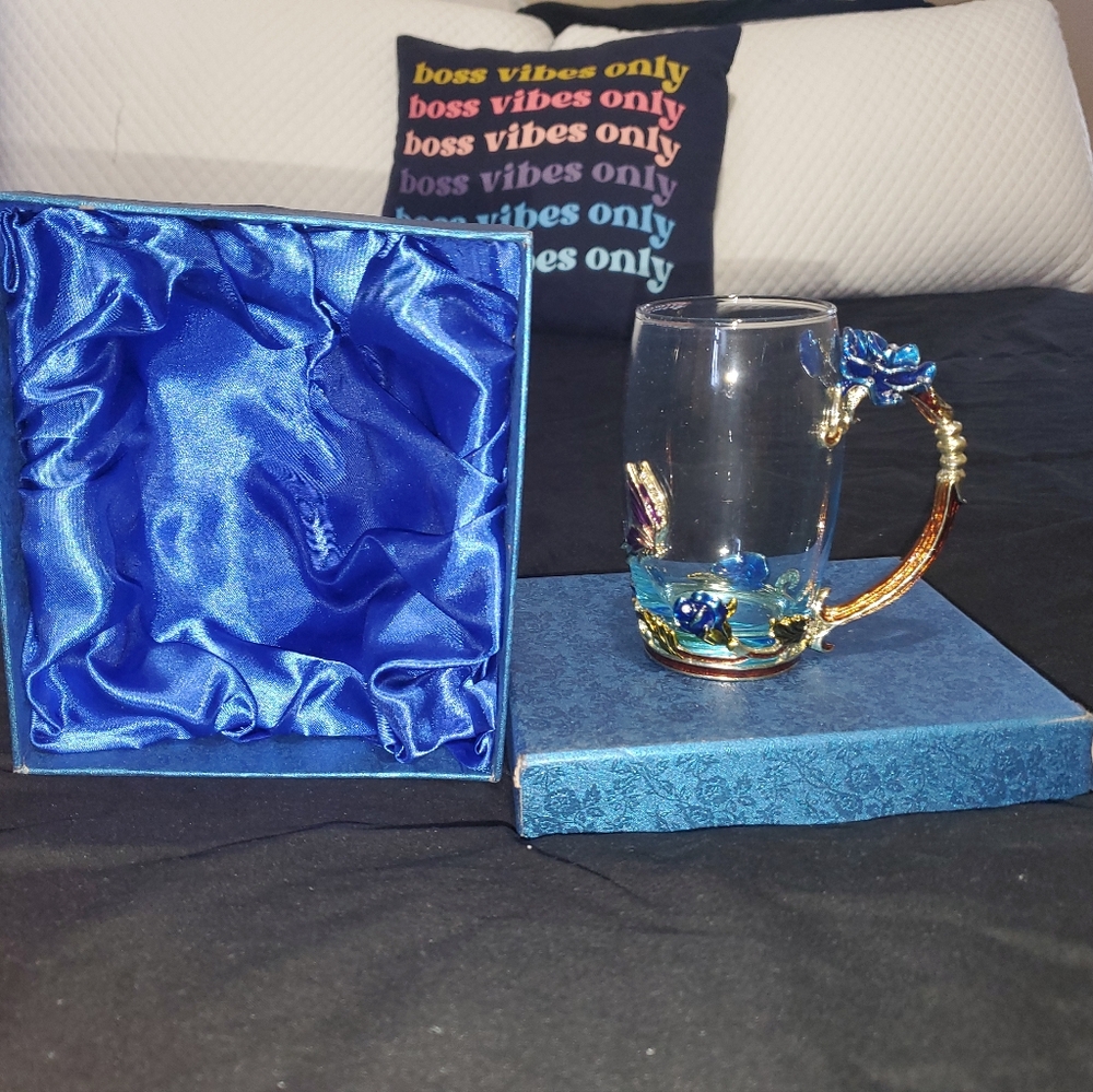 Arc glass rea cup with blue rose and butterfly with coaster